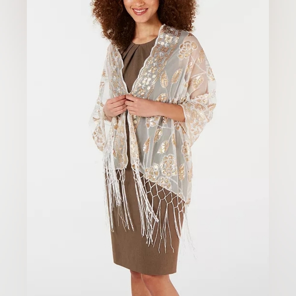 INC Women S Floral Sequin Mesh Wrap Ivory - Picture 3 of 5